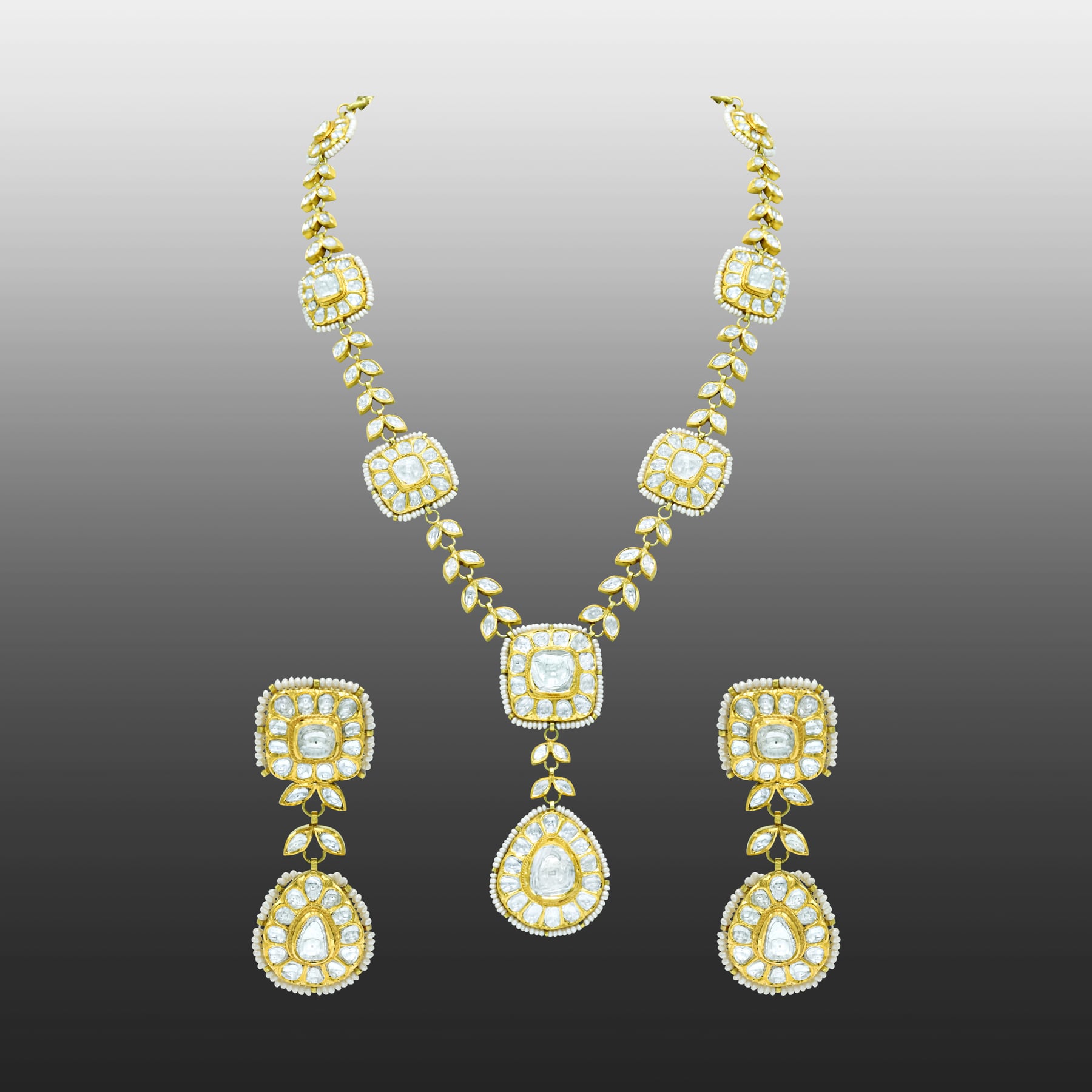 Polki Square Necklace Set with Polki Leaves and Pear Drop